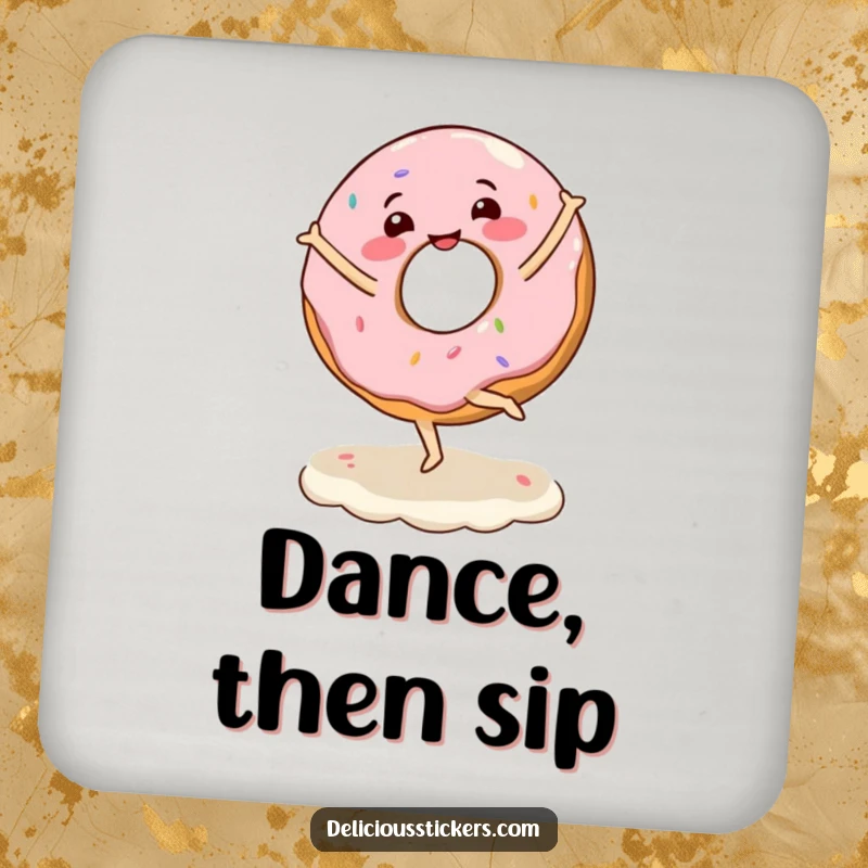 Funny coaster set showing a happy donut character performing a ballet twirl on frosting, perfect for sweet-themed decor.