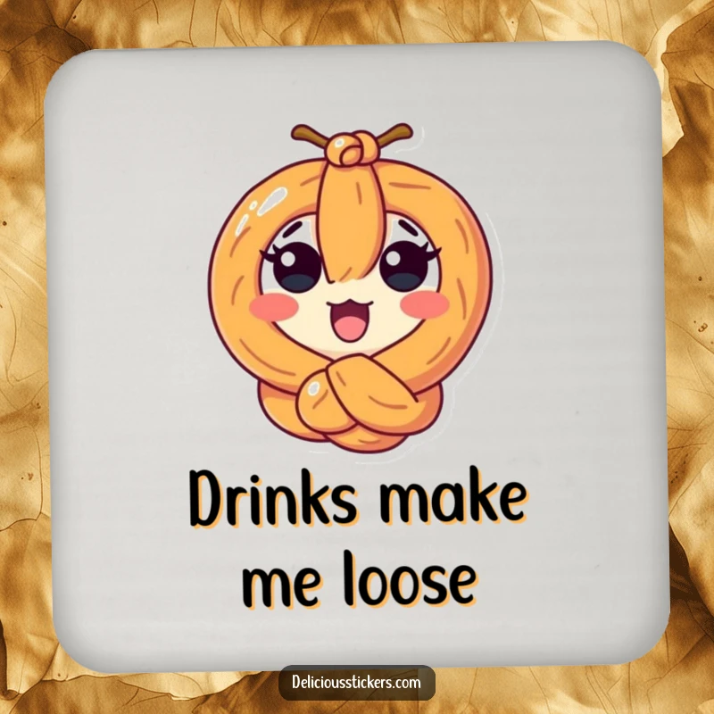 Funny surprised pretzel character tied in a knot on protective drink coasters, adding humorous charm to tables.