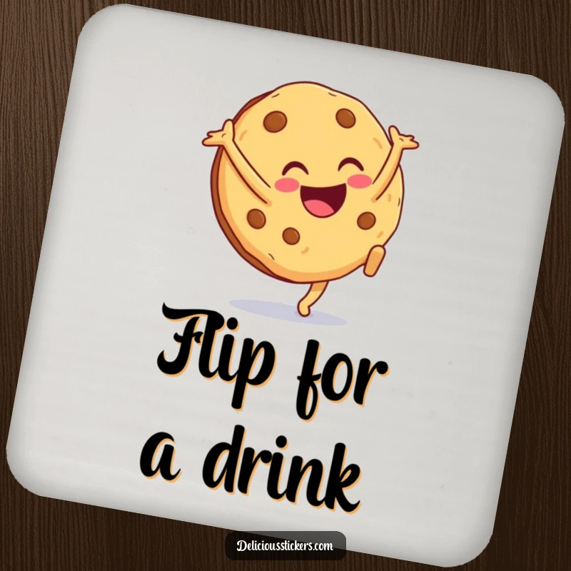Funny cookie coaster depicting the excited character doing a cartwheel, providing a humorous and protective element for drink surfaces.