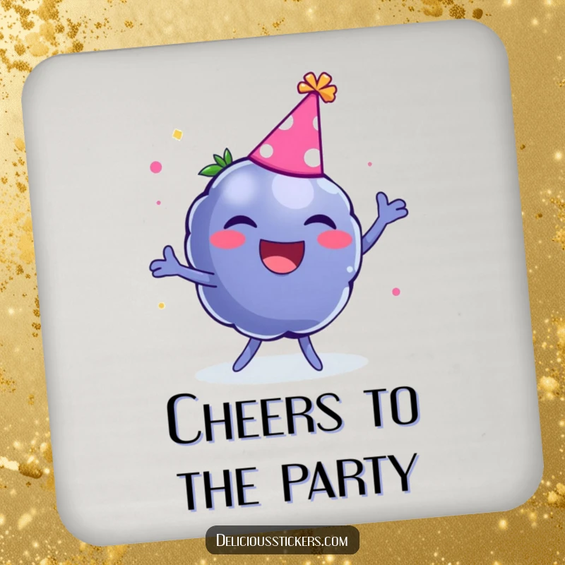 Funny drink coaster featuring a laughing blueberry wearing a party hat and dancing, protecting surfaces with joy.
