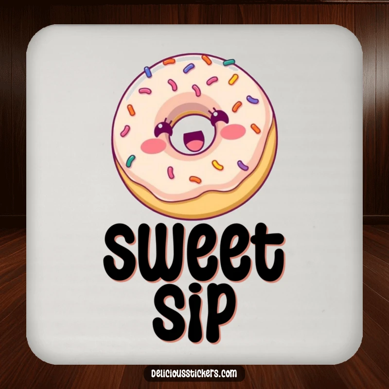 Funny Coaster: A smiling donut with vibrant sprinkles bounces with joy, protecting surfaces with a sweet and humorous touch.