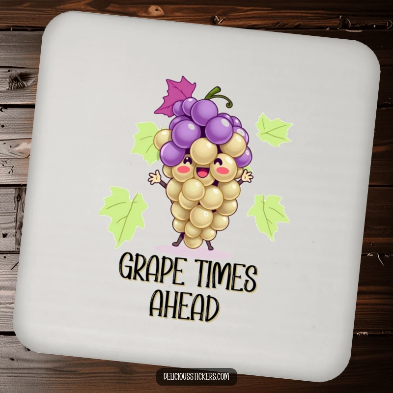 Funny grape bunch coaster depicting the playful character dancing, providing a humorous and protective element for drink surfaces.