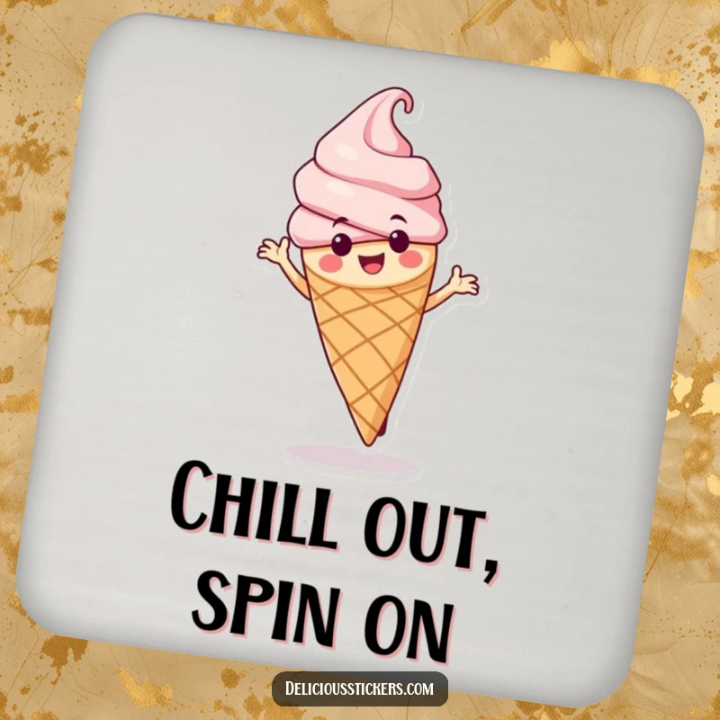 Funny ice cream cone coaster depicting the character in a spin, adding a humorous and protective element to tabletops.