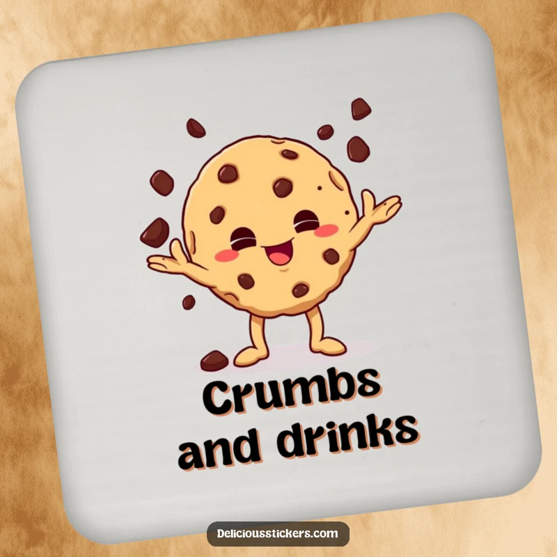 Funny mischievous cookie character juggling chocolate chips on coasters, protecting surfaces with playful, snack-themed humor.