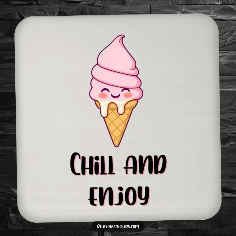 Funny melting ice cream cone coasters depicting a joyful character, protecting surfaces with sweet, melty charm and humor.