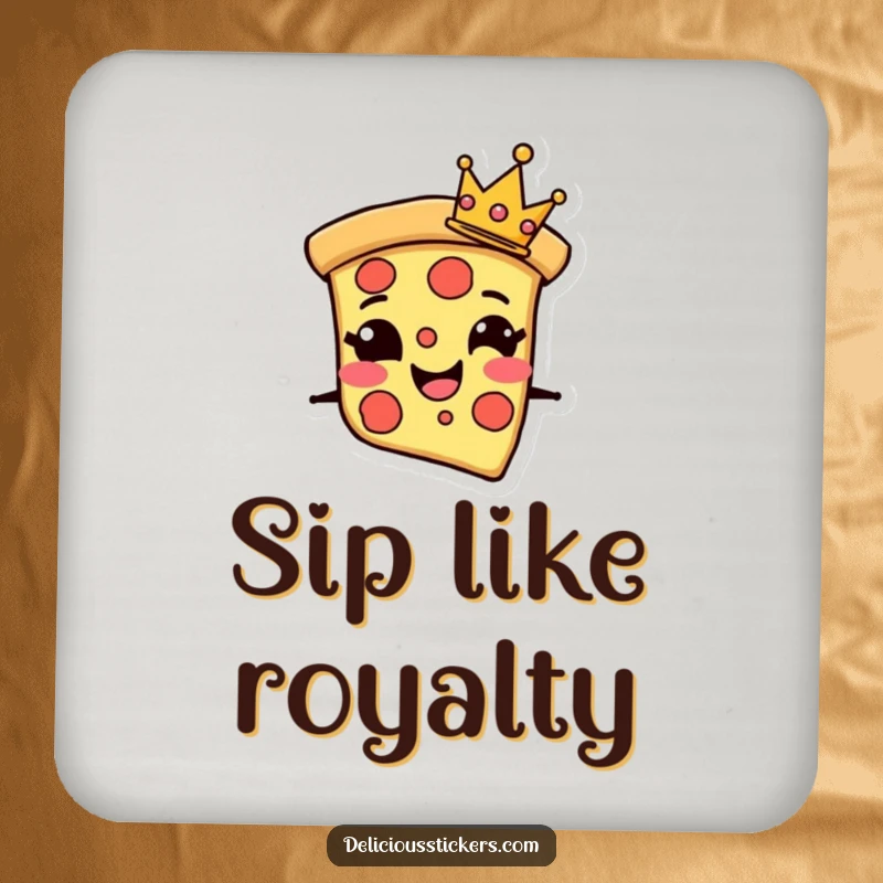 Funny Drink Coaster with a grinning pizza slice character wearing a tiny crown, adding a touch of royal art.