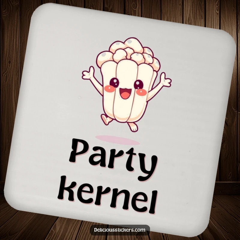Funny coaster featuring a delighted popcorn kernel character jumping with excitement, adding a touch of movie-time humor to any table.