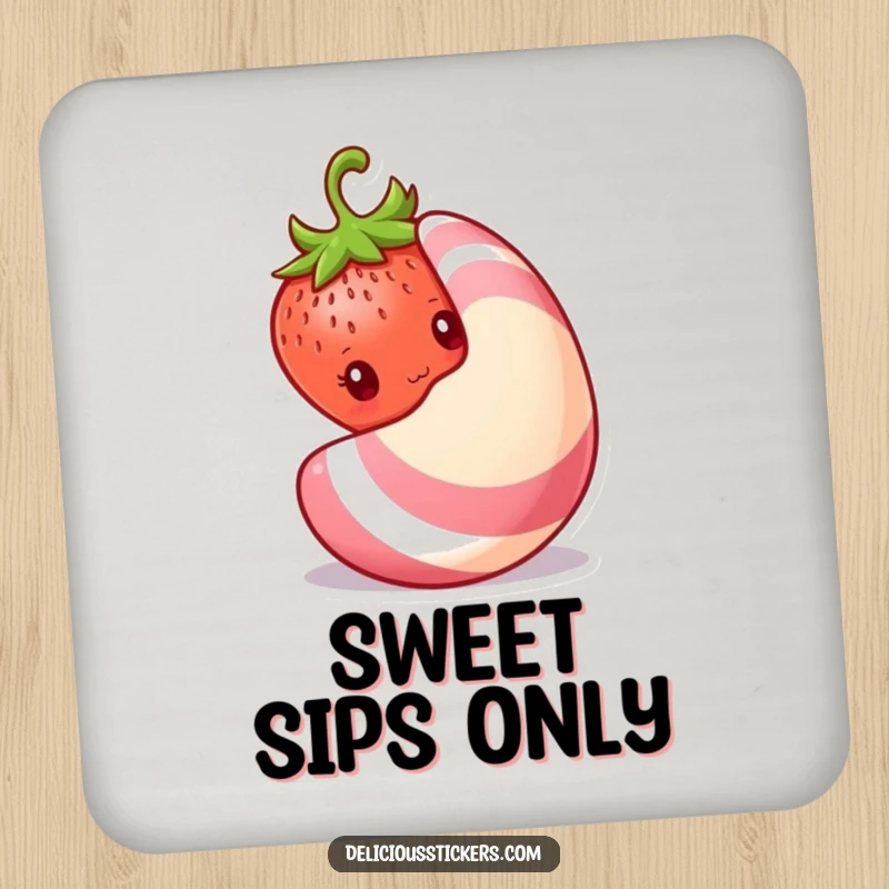 Funny shy strawberry drink coaster, a strawberry peeks shyly from behind a large candy, protecting tables with gentle humor.