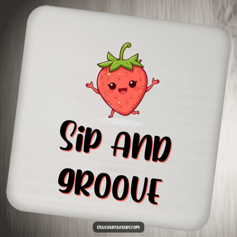 Funny strawberry dance coaster showing a delighted strawberry doing a happy little jig with its leaves, protecting surfaces.