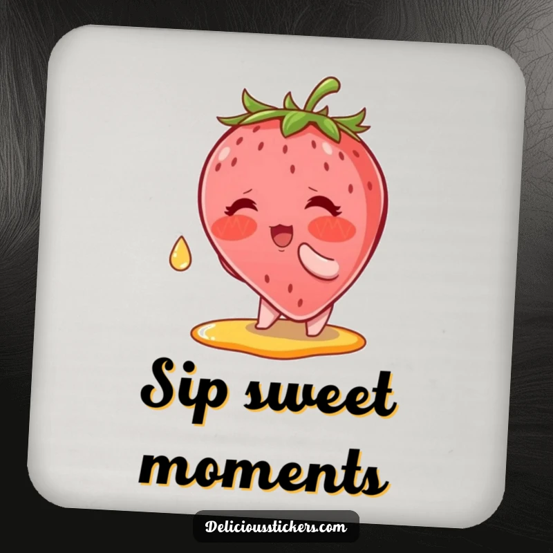 Funny Coaster: A blushing strawberry character reaching for a syrup drop, adding cartoon sweetness and surface protection.