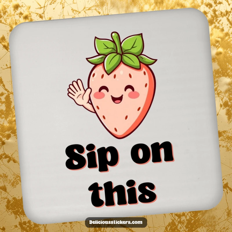 Funny drink coaster featuring a cheerful strawberry character with leafy hair, waving a friendly and humorous hello.