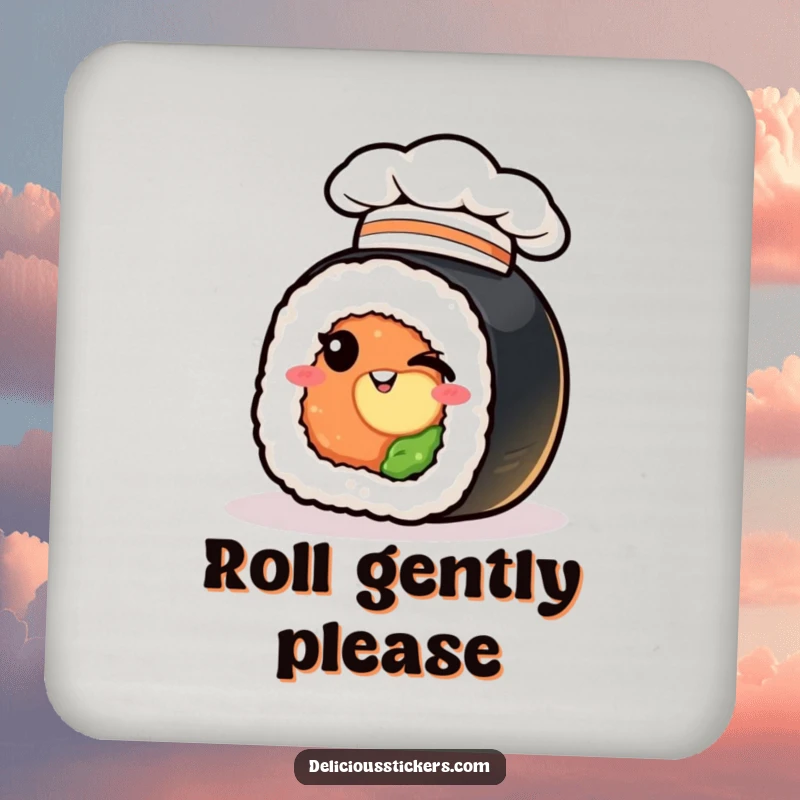 Funny sushi roll coaster, winking chef hat, a humorous and stylish accessory for drink protection.