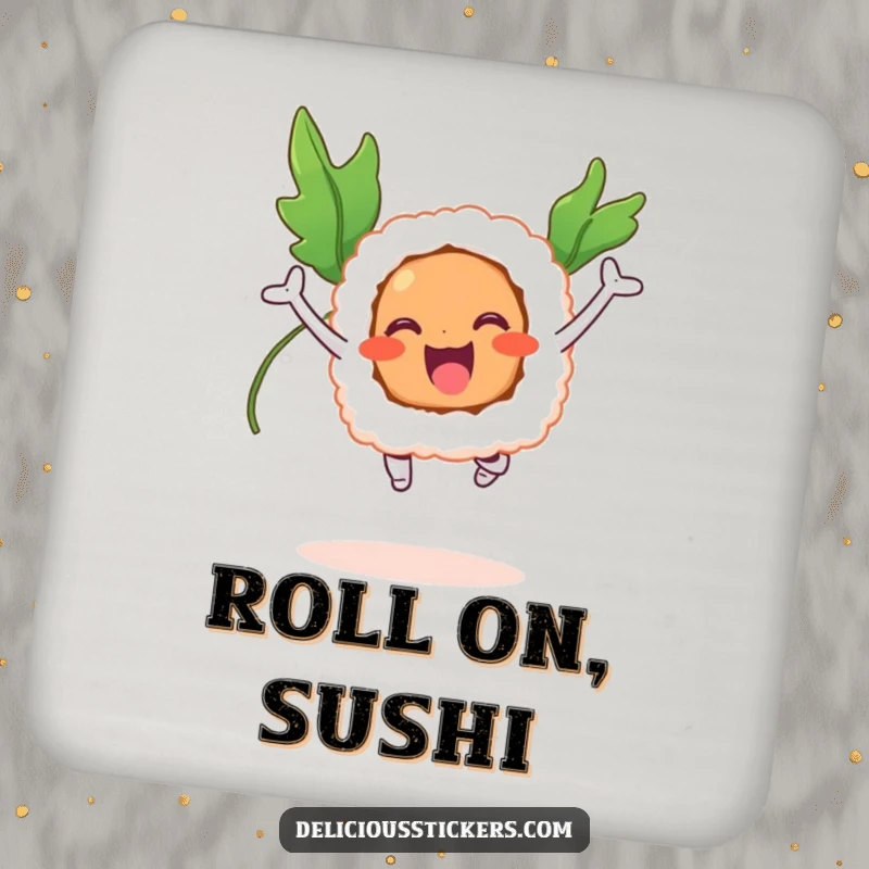 Funny drink coaster with a smiling sushi roll performing a joyful jump with seaweed wings.
