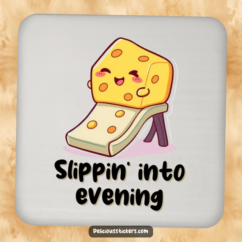 Funny winking cheese drink coaster, a slice of cheese slides down a slide with a wink, protecting tables with cheesy humor.