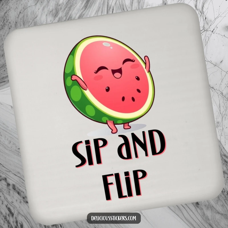 Funny drink coaster featuring a winking watermelon slice doing a handstand, offering a fun and functional summer touch for your beverages.