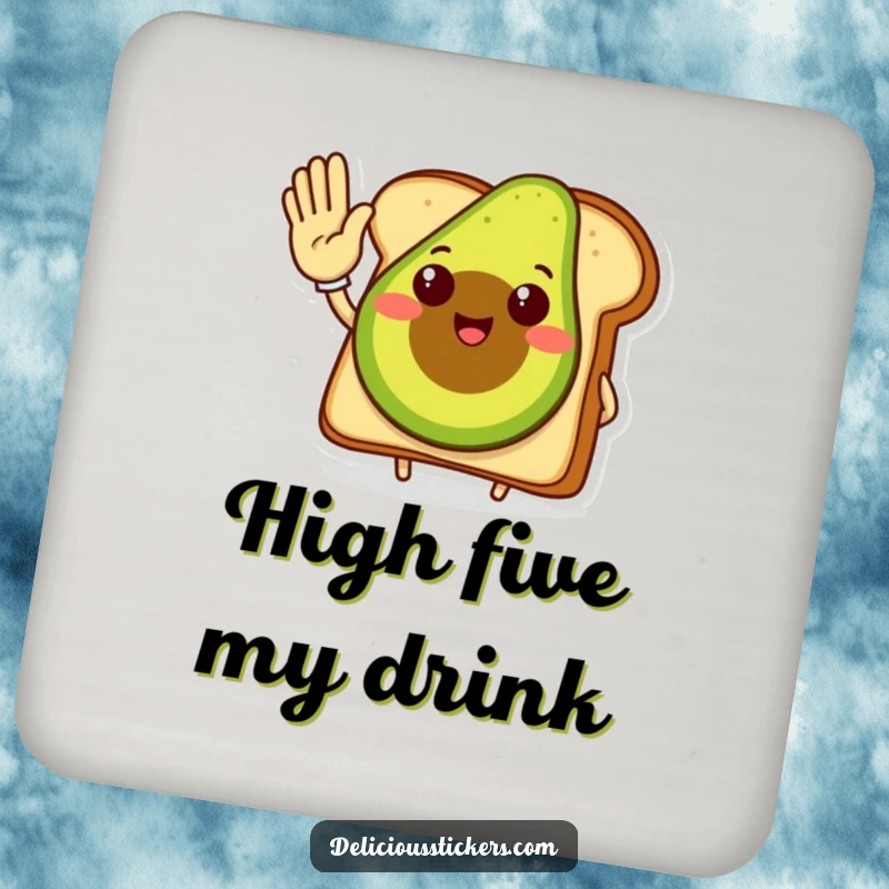 Funny avocado toast drink coaster, a smiling avocado toast character giving a high five, for table protection.