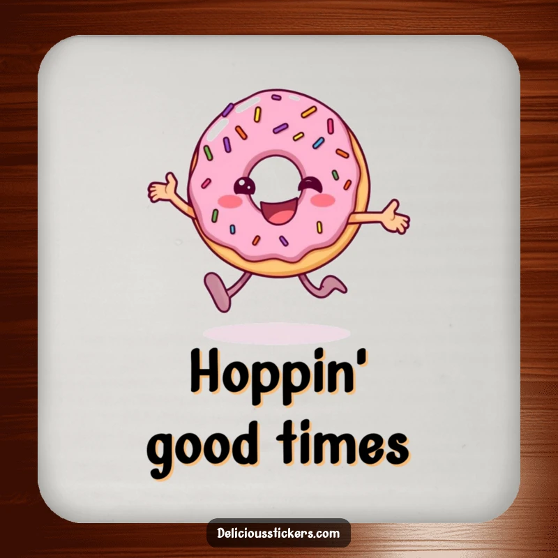 Funny donut coaster depicting the happy character hopping with sprinkles, providing a humorous and protective element for drink surfaces.