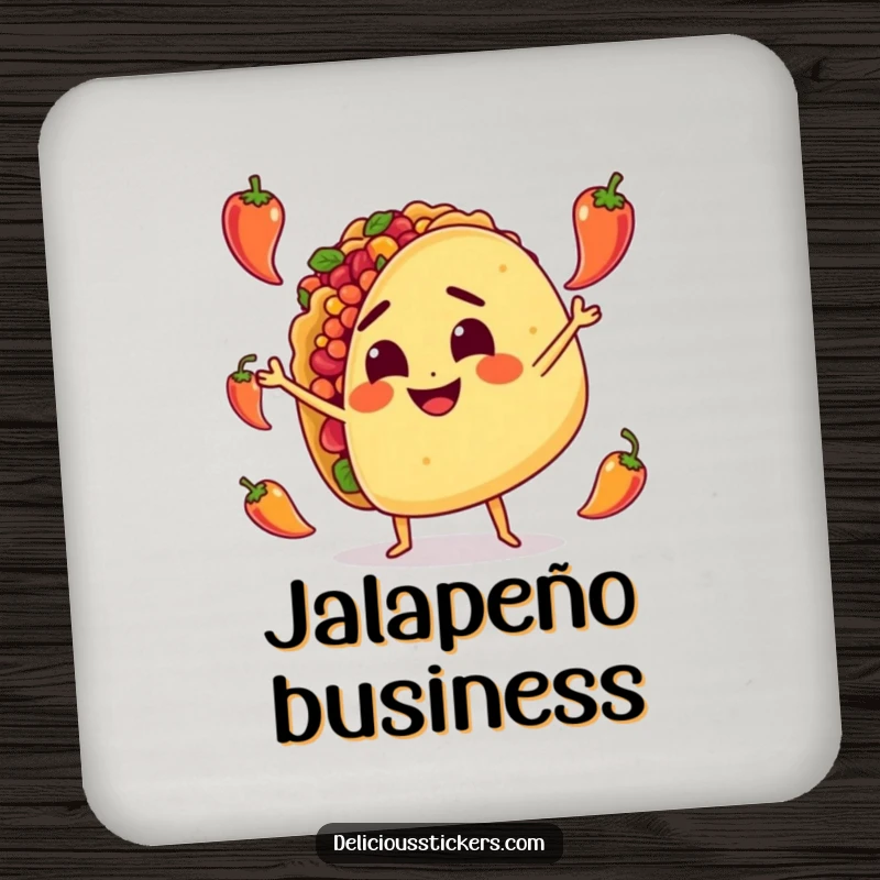 Funny Coaster: A smiling taco character determinedly juggles tiny hot peppers, protecting surfaces with a spicy, humorous charm.