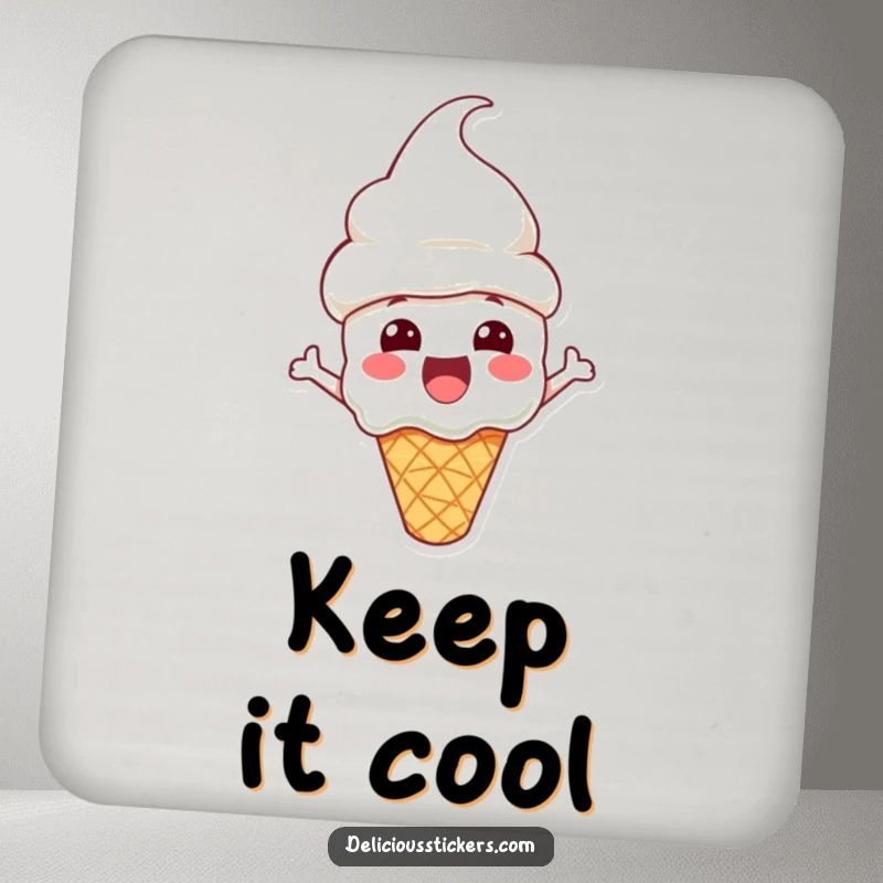 Funny Drink Coaster with an excited ice cream cone character wearing a cone hat, adding a touch of sweet art.