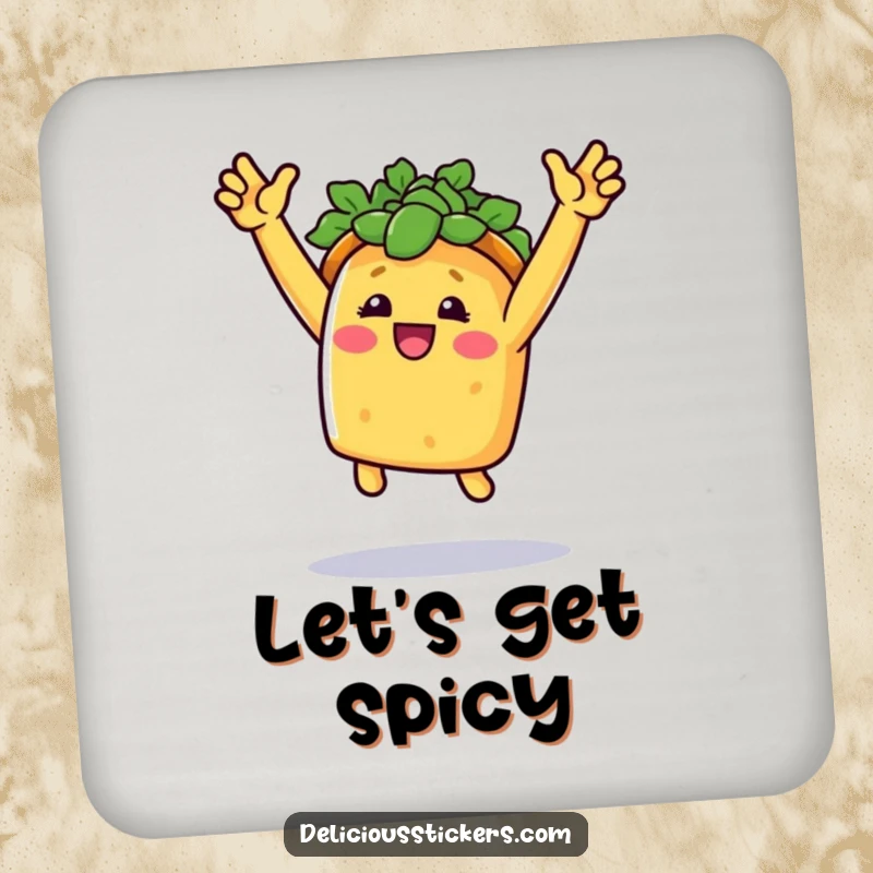 Funny taco celebration coaster showing a smiling taco doing a triumphant jump with arms raised, protecting surfaces.