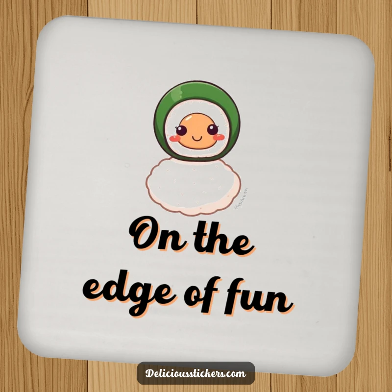 Funny coaster with a smiling sushi roll character balanced on a single grain of rice, adding a touch of delicious harmony to your table.