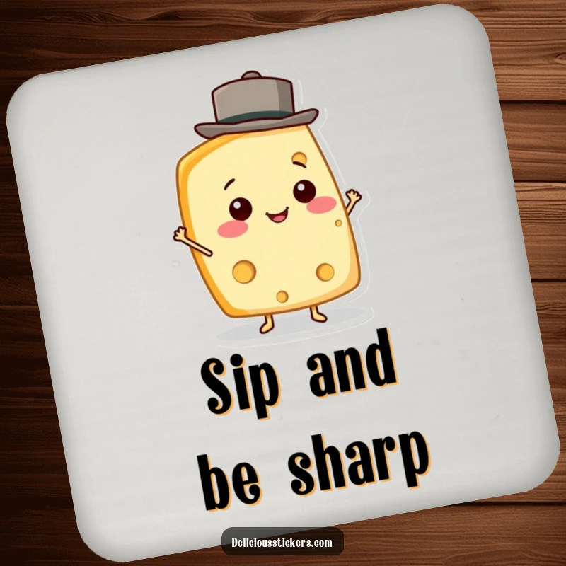 Funny Cheese Wedge Coaster showcasing a smiling cheese character balancing a tiny hat, protecting surfaces with charm.