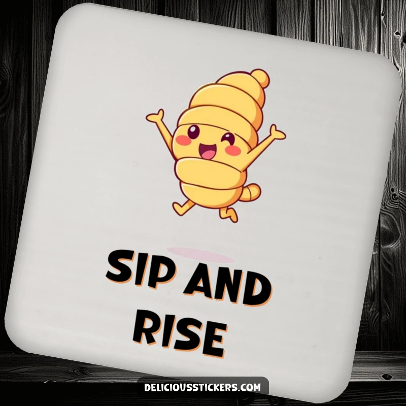 Funny croissant leap drink coaster, a cheerful croissant character leaping into the air, for table protection.