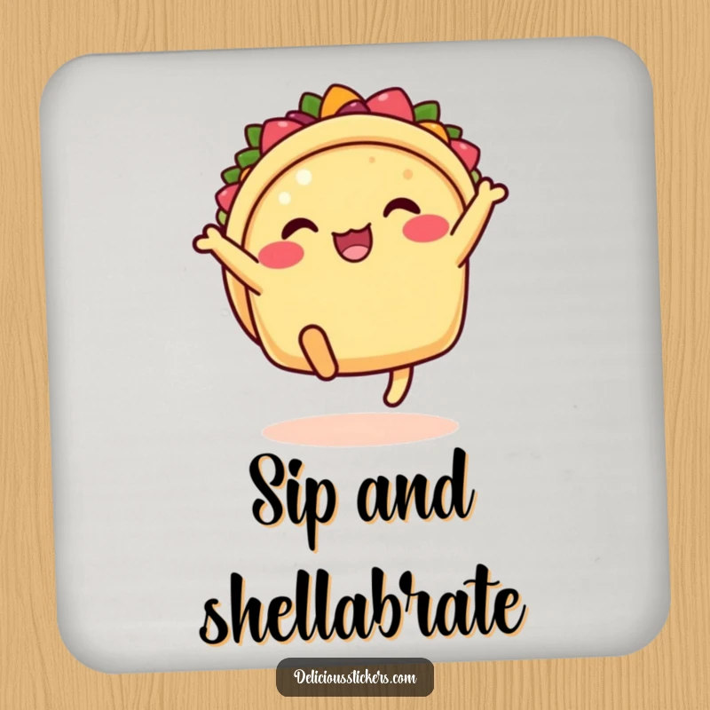 Funny taco coaster with legs kicking, cartoon tabletop accessory, a humorous and festive decor item.