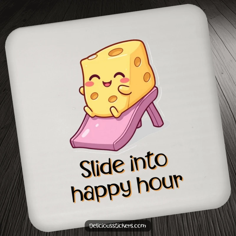 Funny winking cheese drink coaster, depicted mid-slide with a playful wink, adding humorous protection to surfaces.