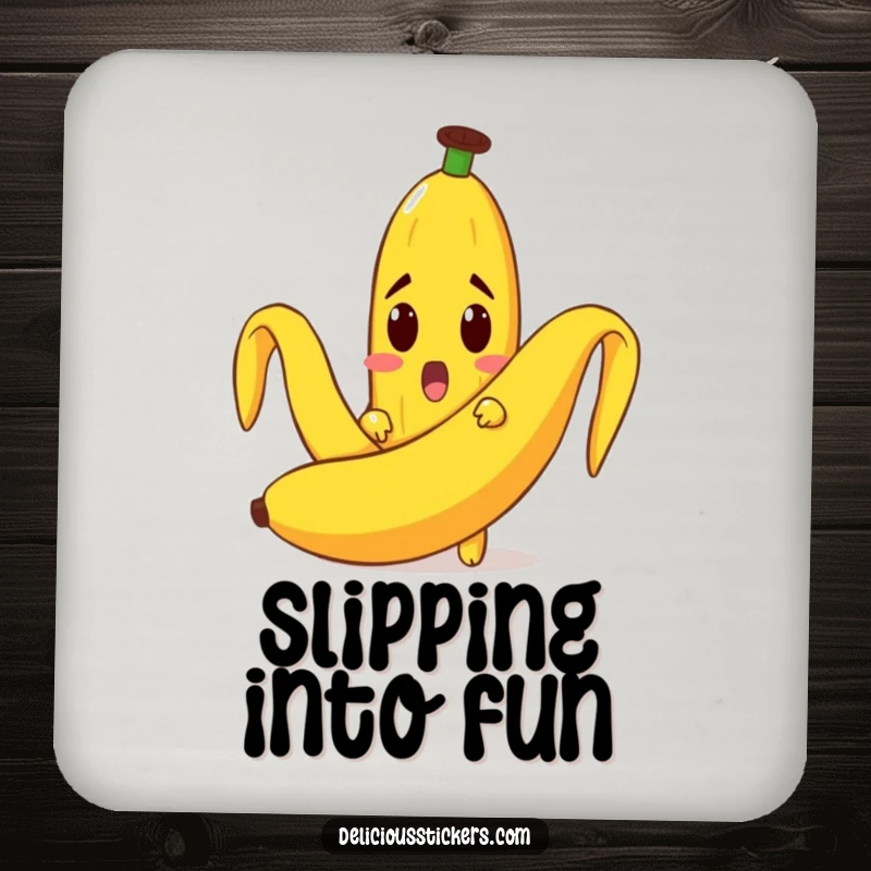 Funny drink coasters showcasing a surprised banana character peeking from a peel, adding a humorous touch to table settings.