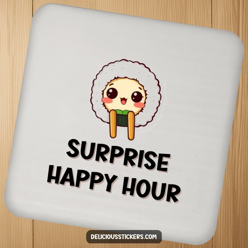 Funny coaster set showing a surprised sushi roll character peeking from a chopstick holder, perfect for themed kitchens.