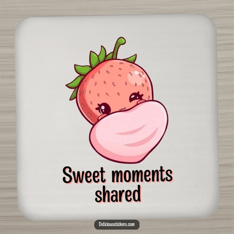 Funny shy strawberry drink coaster, peeking shyly from candy, a cute and humorous addition to any surface.