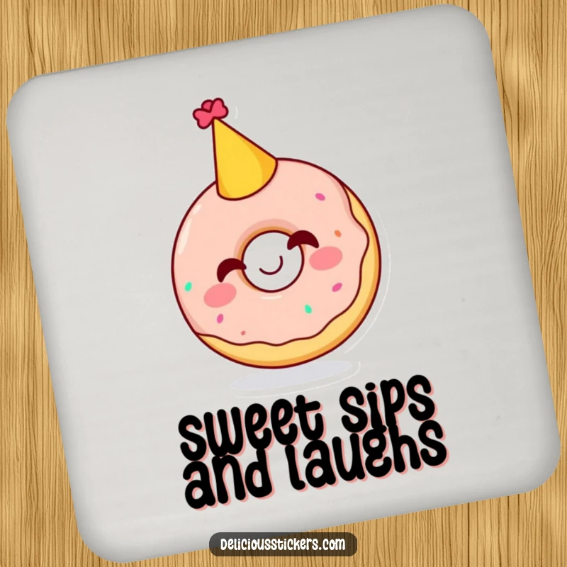 Funny drink coaster featuring a giggling doughnut character in a party hat, offering a sweet and protective touch for your beverages.