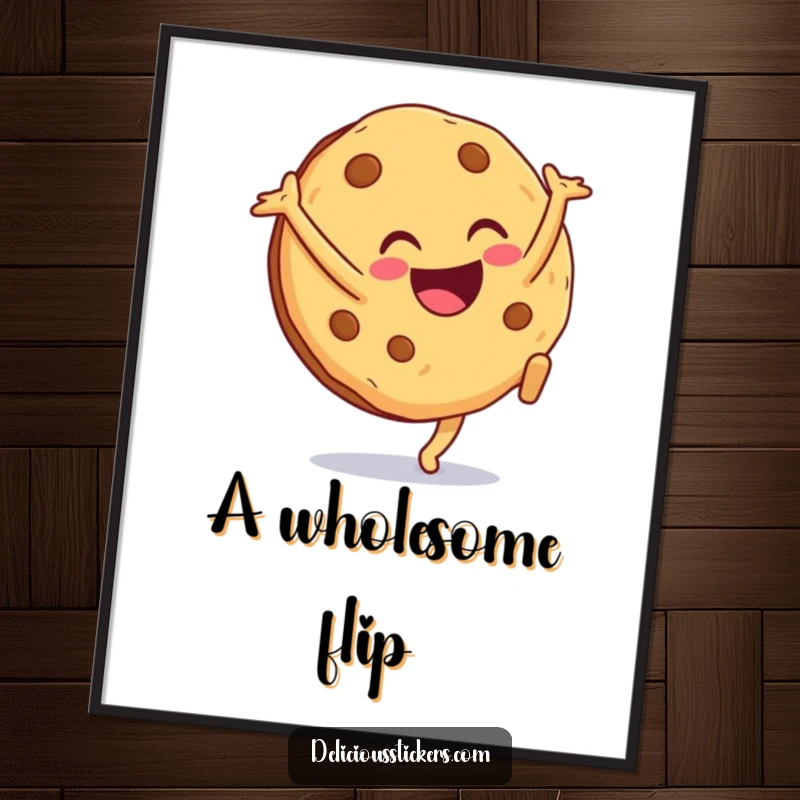 Funny cookie poster depicting the excited character doing a cartwheel with a smile, bringing a burst of sweet humor to walls.