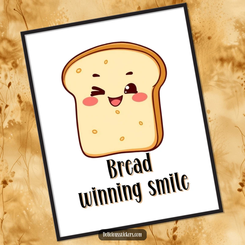 Funny poster of a charming bread loaf character delivering a cheeky wink alongside a wide, humorous grin, perfect for wall decor.