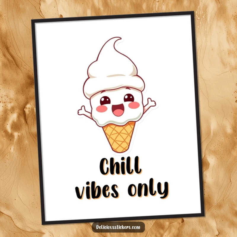 Funny Poster featuring an excited ice cream cone character wearing a cone hat, radiating joy and a love for sweet treats.