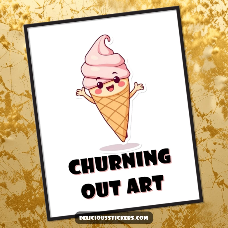 Funny ice cream cone poster featuring the character in an energetic spin, adding a splash of color and humor to any wall.