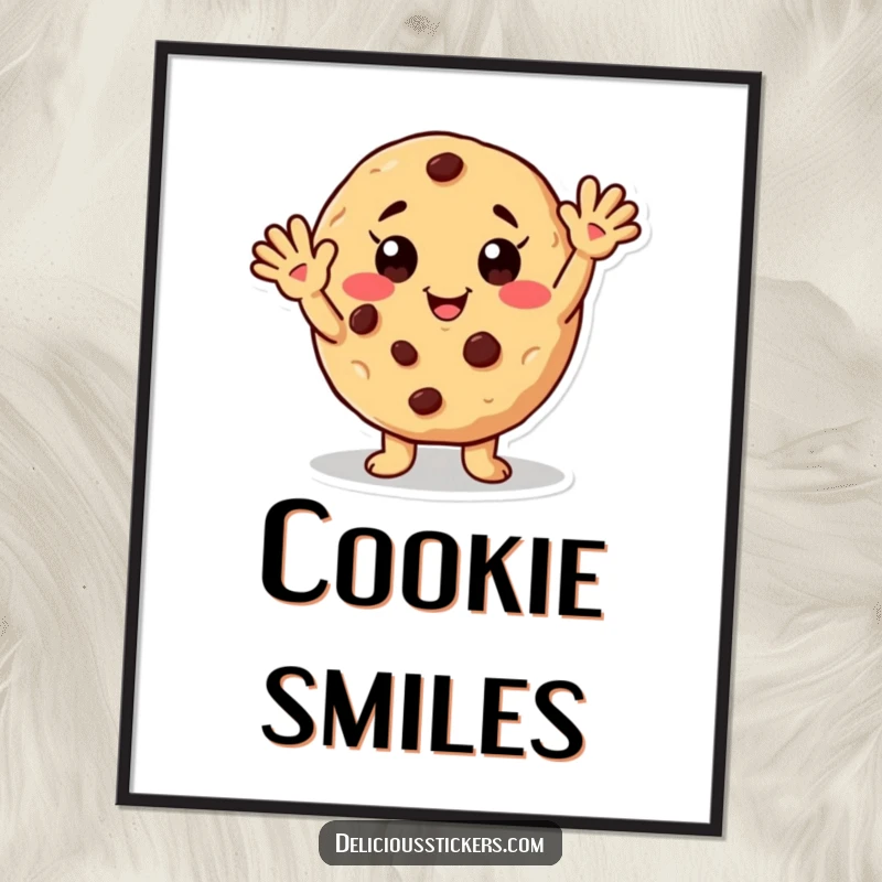 Funny poster of a friendly waving cookie character with chocolate chip freckles, adding a humorous and cheerful touch to decor.