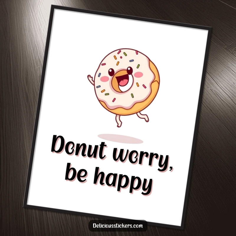 Funny donut poster with sprinkles doing a cartwheel, cartoon art celebrating joy, a humorous and sweet wall decor.