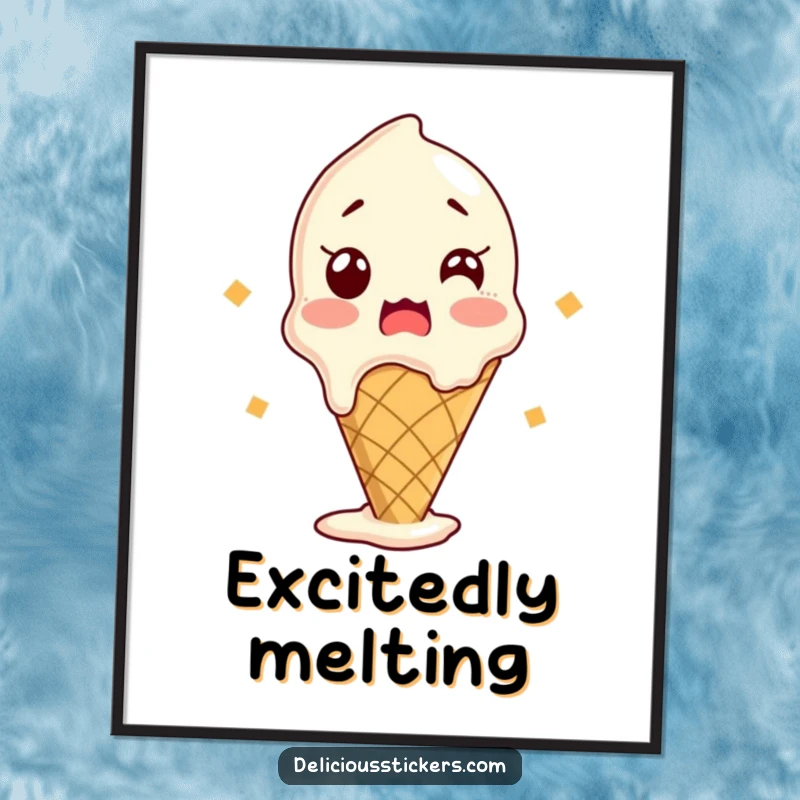 Funny poster of a shocked ice cream cone melting slightly, adding a fun and exciting touch to any room's decor.