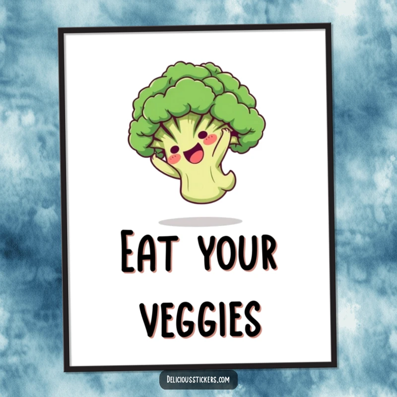 Funny Poster: A playful broccoli floret character mid-somersault, creating a vibrant and humorous cartoon scene for decor.