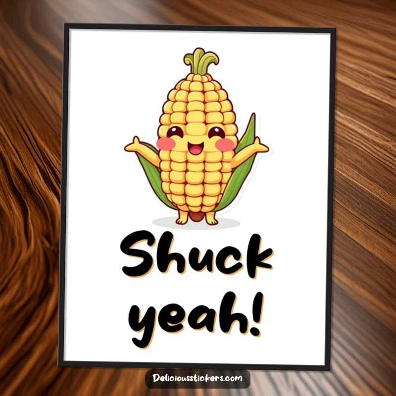 Funny poster showcasing a beaming corn cob character extending its arms for a comical, heartwarming hug, brightening any wall space.