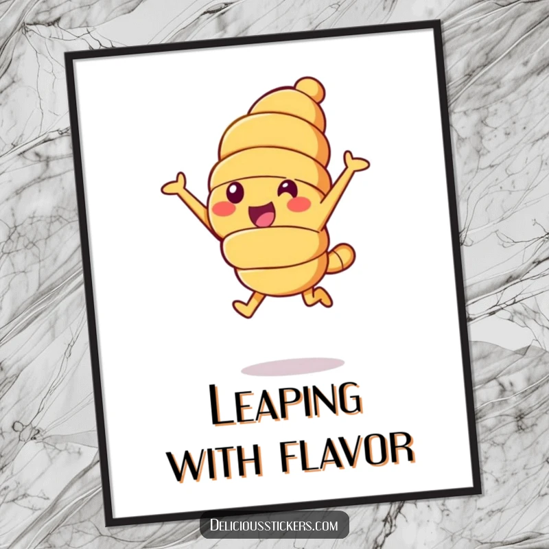 Funny croissant leap poster, a cheerful croissant character leaping joyfully into the air, representing baked goods joy.