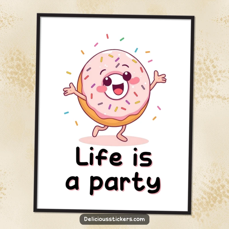 Funny poster with a cheerful donut character in a silly dance pose, sprinkles flying wildly.