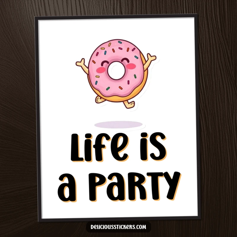 Funny Poster of a jumping donut character with sprinkles, performing an energetic dance, bringing a cheerful and whimsical feel.