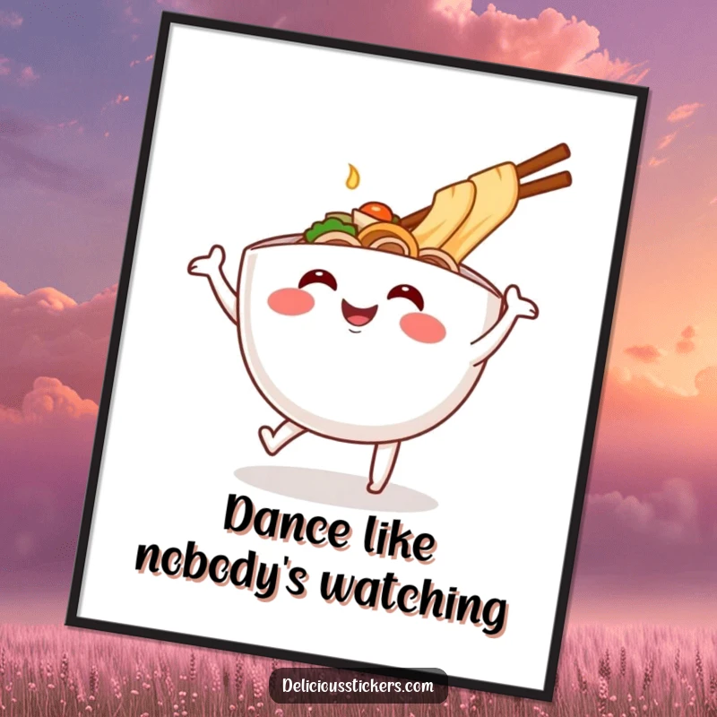 Funny ramen bowl dancing poster, cheerful cartoon noodles art, a vibrant and humorous wall decor gift.