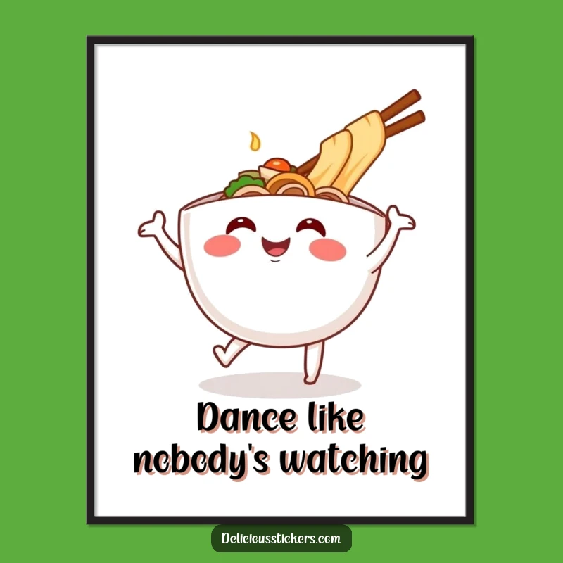 Funny Ramen Bowl Dance Poster: Vibrant Cartoon Noodle Art for a Laugh