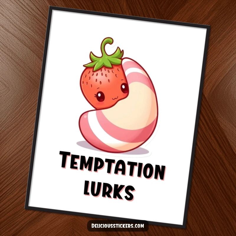 Funny shy strawberry poster, a small strawberry peeks shyly from behind a large piece of candy, creating a sweet scene.