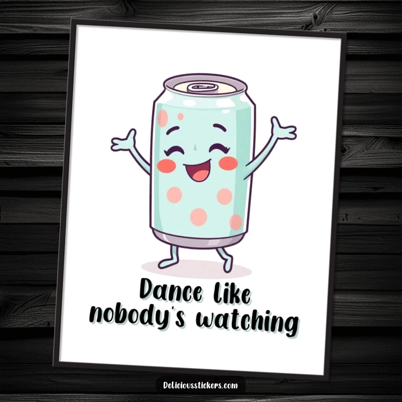 Funny Soda Can Poster showcasing a cheerful soda can character joyfully dancing, perfect for energetic decor.