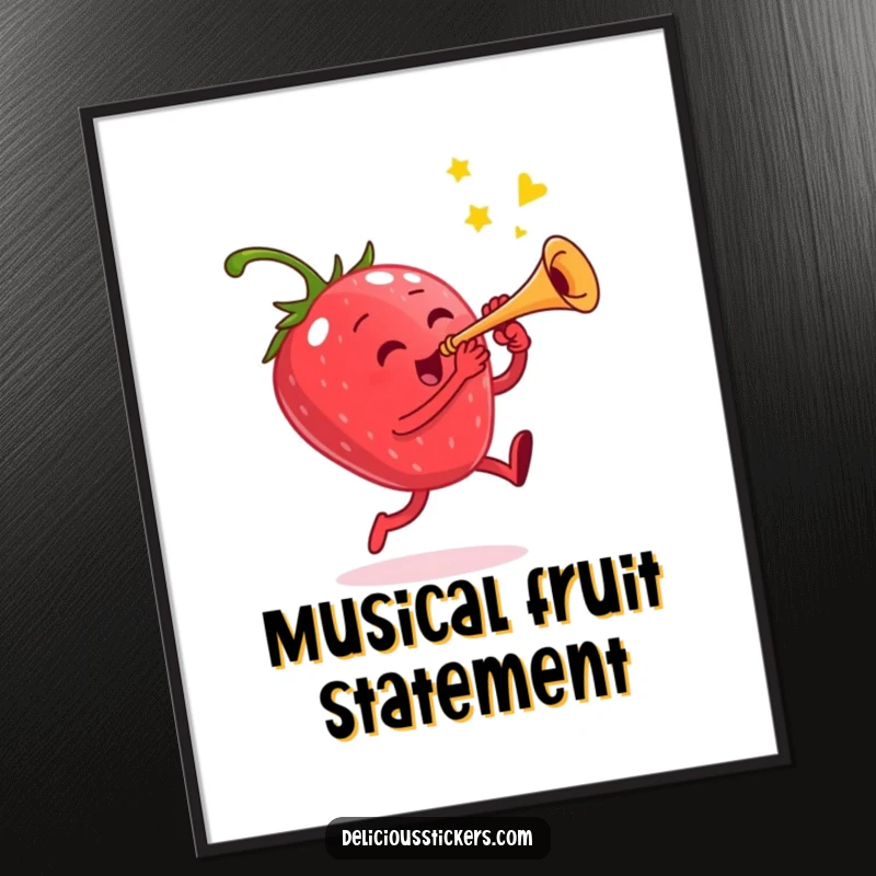 Funny poster print of a jumping strawberry playing a miniature trumpet, creating a cheerful and musical scene.